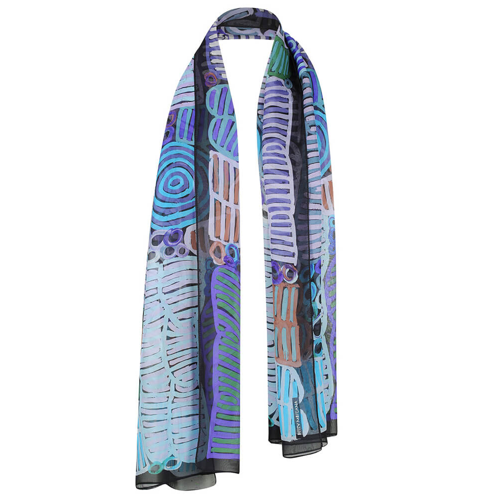Luxury Australian Souvenirs Silk Scarf Aboriginal Design Made in Australia by Outstations