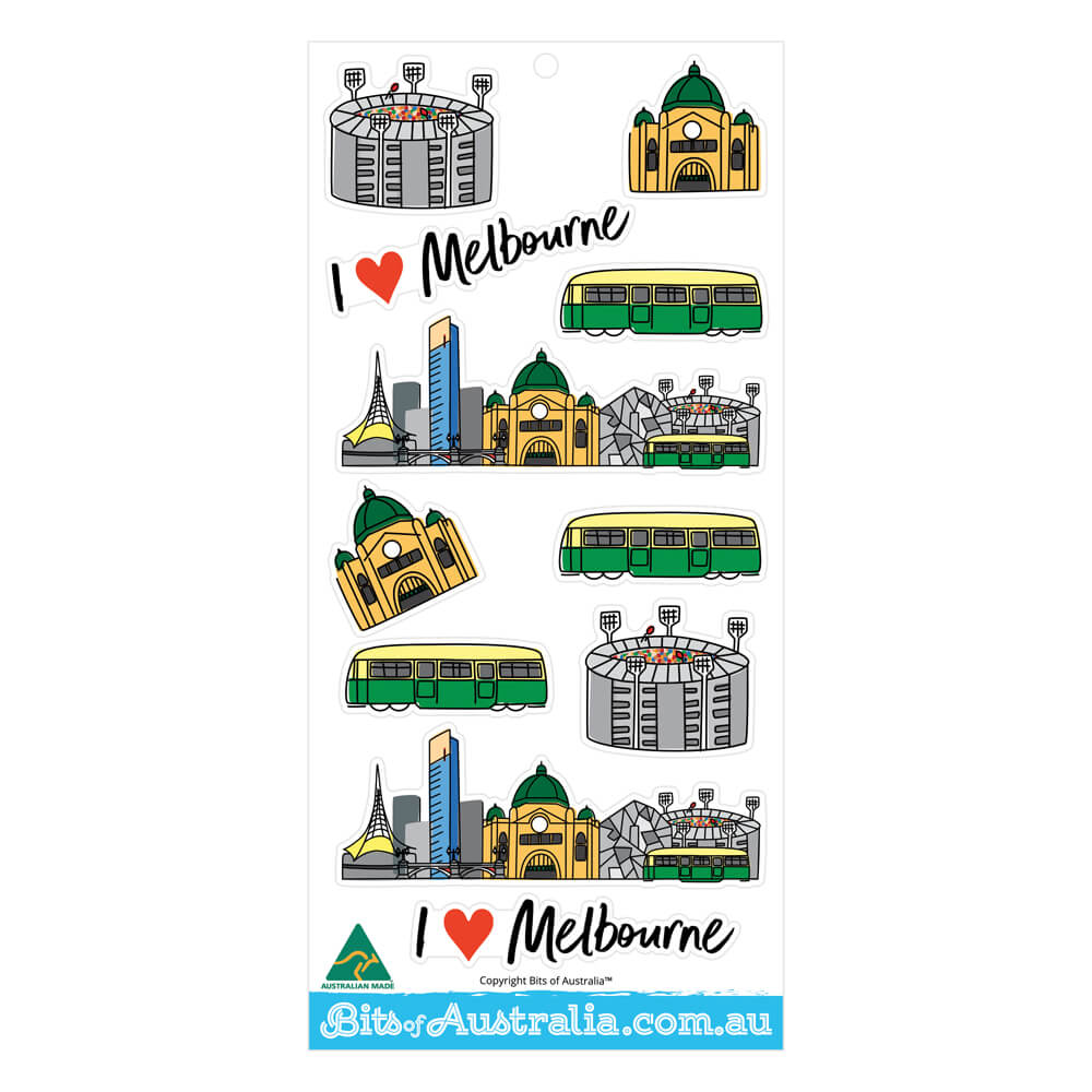 Australian Made Gifts Souvenirs I Love Melbourne Sticker Sheet Bits of Australia